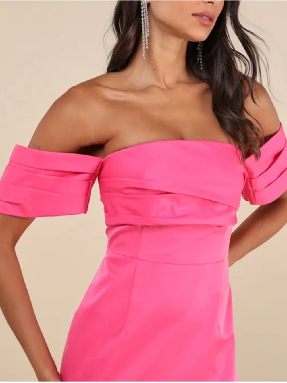Lulus NWT “Totally Haute” Hot Pink Satin Pleated Off-The-Shoulder Mini Dress Med - Picture 11 of 16